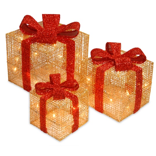 Gold & Red Gift Box Set with Holly with Clear Lights By National Tree Company in Gold/Red | 10" x 10" x 11" | Michaels®